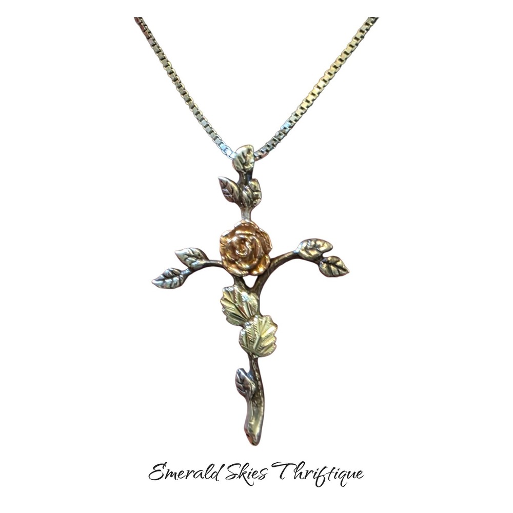12k Black Hills Gold, Sterling Silver Cross Necklace silver chain